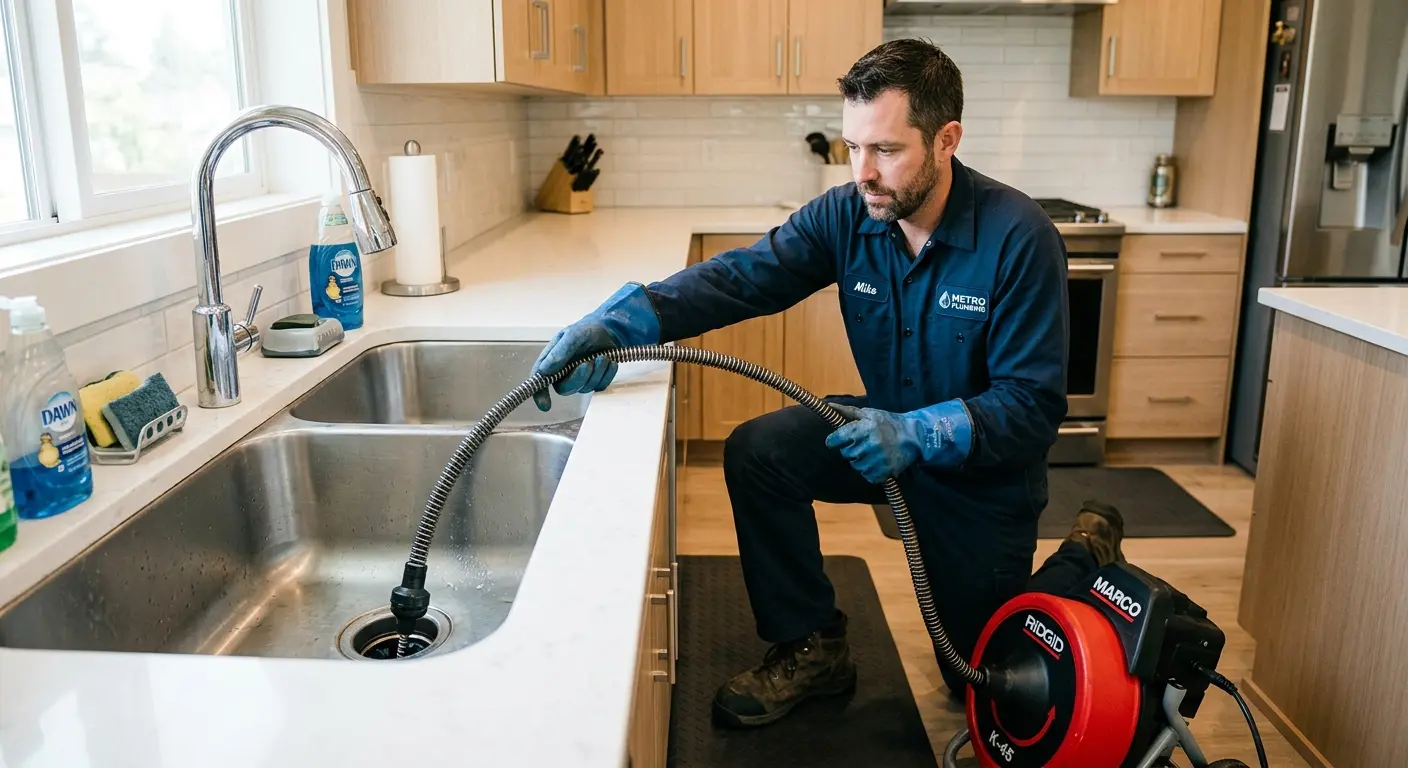 Drain cleaning technician using a motorized snake on a kitchen sink in North Kingstown