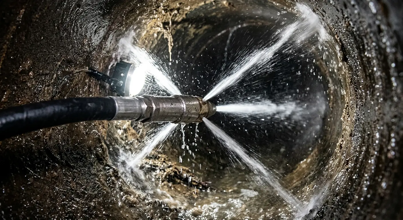 High-pressure hydro jetting nozzle cleaning sewer pipe for Storm Drain Cleaning in North Kingstown