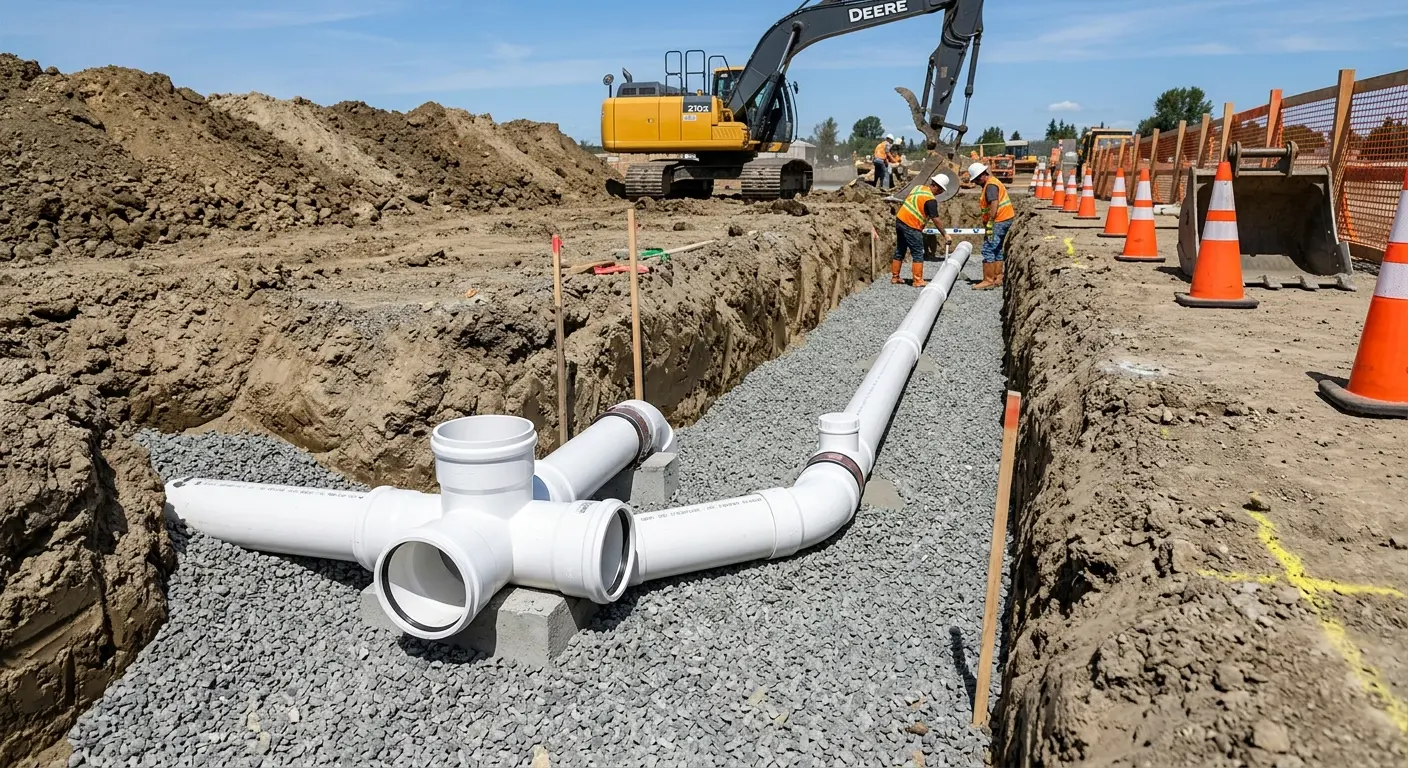 New PVC sewer pipe installation in open trench for Sewer Backup in North Kingstown