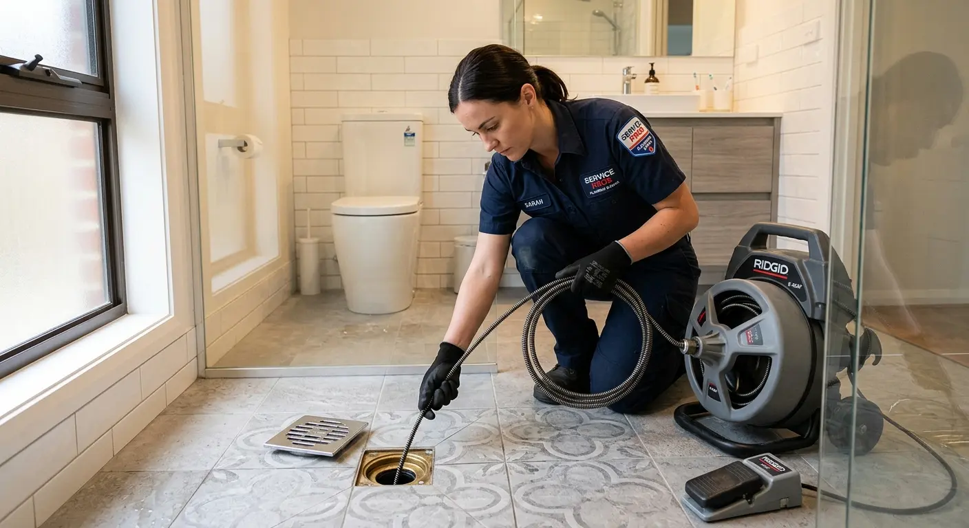 Technician clearing a bathroom floor drain for Drain Cleaning in North Kingstown